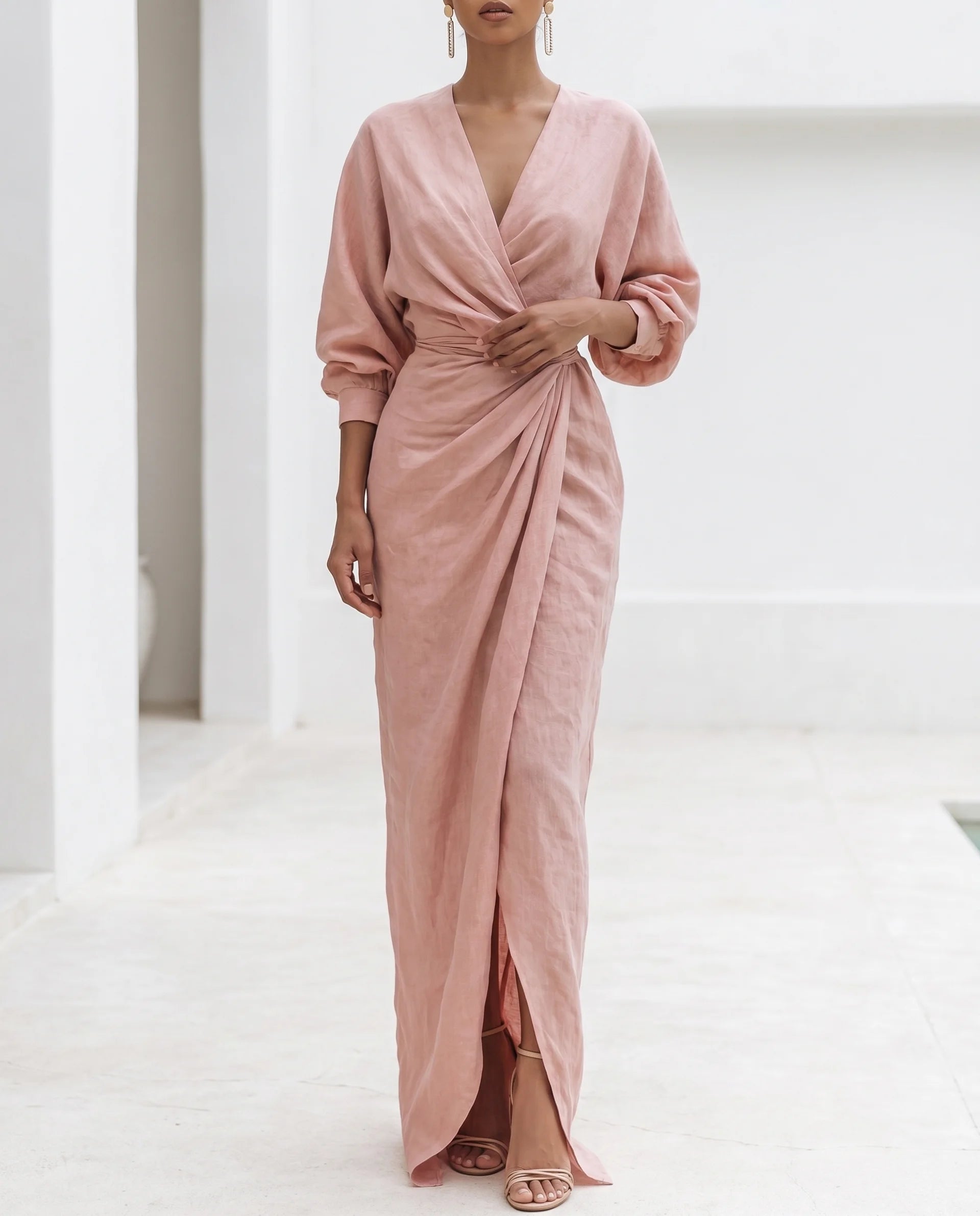 Women's Bodycon Maxi Dress – Wrap Waist, Deep V-Neck, Long Sleeve with