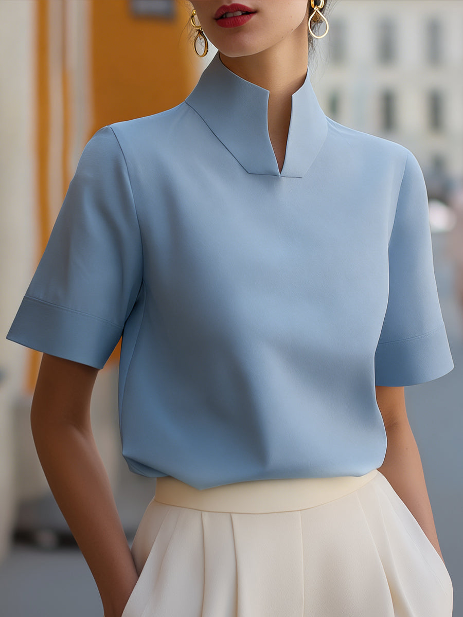 Women's Stand Collar Blouse – Minimalist Design with Short Sleeves | Serena