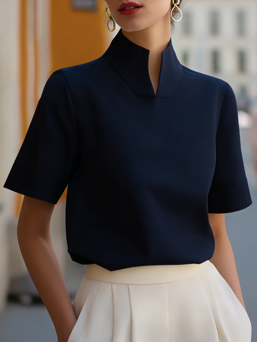 Women's Stand Collar Blouse – Minimalist Design with Short Sleeves | Serena