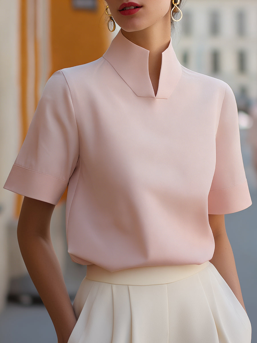 Women's Stand Collar Blouse – Minimalist Design with Short Sleeves | Serena