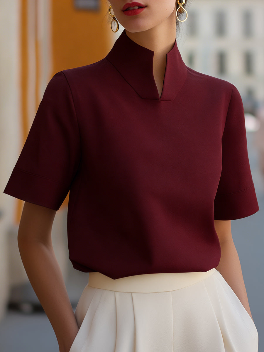 Women's Stand Collar Blouse – Minimalist Design with Short Sleeves | Serena