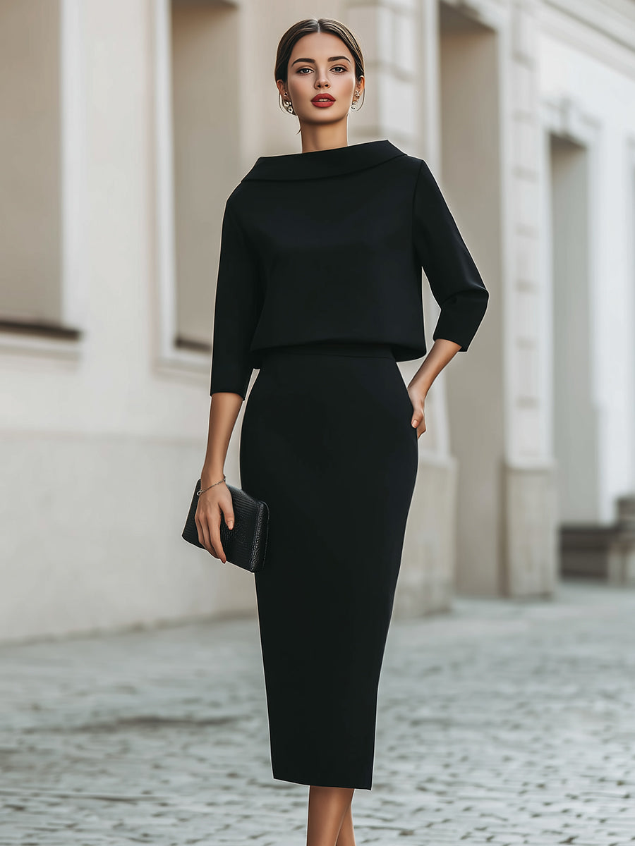 Women's Boat Neck Top and Midi Skirt Set – Three-Quarter Sleeve with Straight Silhouette | Romi
