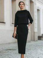 Women's Boat Neck Top and Midi Skirt Set – Three-Quarter Sleeve with Straight Silhouette | Romi