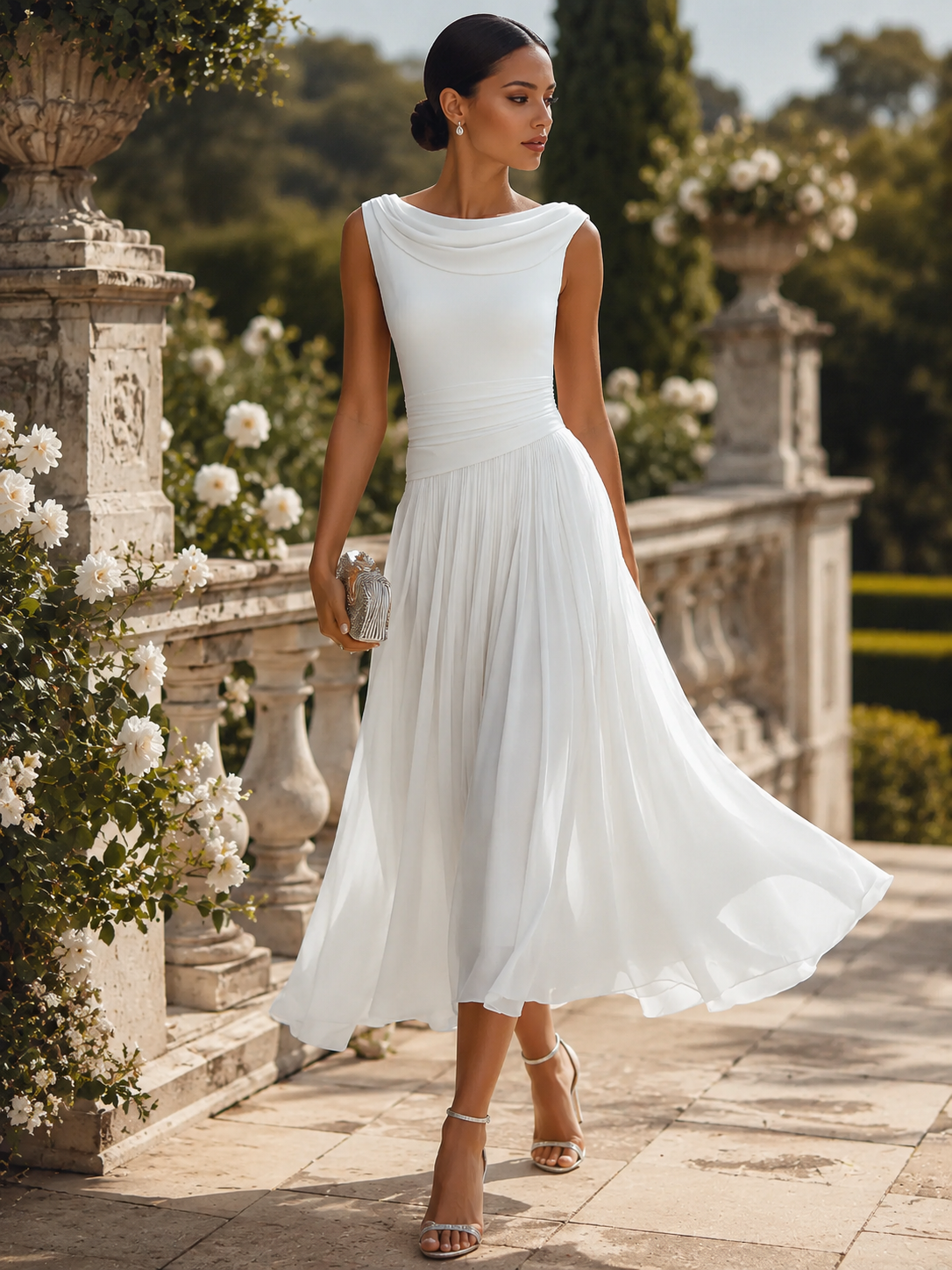 Damen Midikleid ärmellos – Drapierter Ausschnitt und gefältelter Rock | Marcella