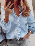 Damen Bluse Langarm V-Ausschnitt mit Rüschen – feminin für Büro & Abend | Lila
