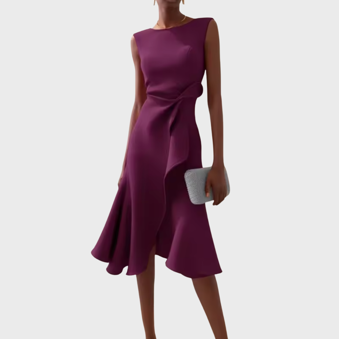 Damen Midikleid trägerlos asymmetrisch Drapierung – elegant für Hochzeitsgast und Abend | Reina