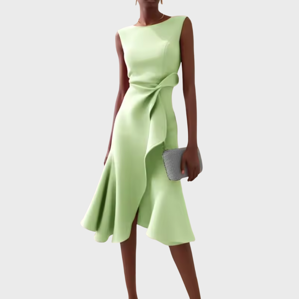 Damen Midikleid trägerlos asymmetrisch Drapierung – elegant für Hochzeitsgast und Abend | Reina