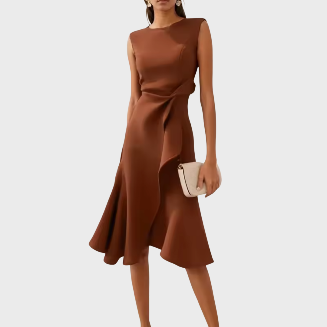 Damen Midikleid trägerlos asymmetrisch Drapierung – elegant für Hochzeitsgast und Abend | Reina