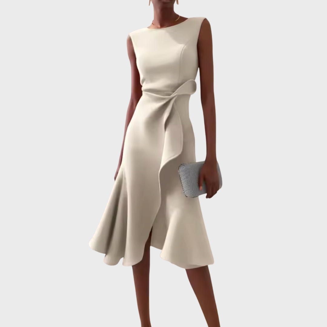 Damen Midikleid trägerlos asymmetrisch Drapierung – elegant für Hochzeitsgast und Abend | Reina
