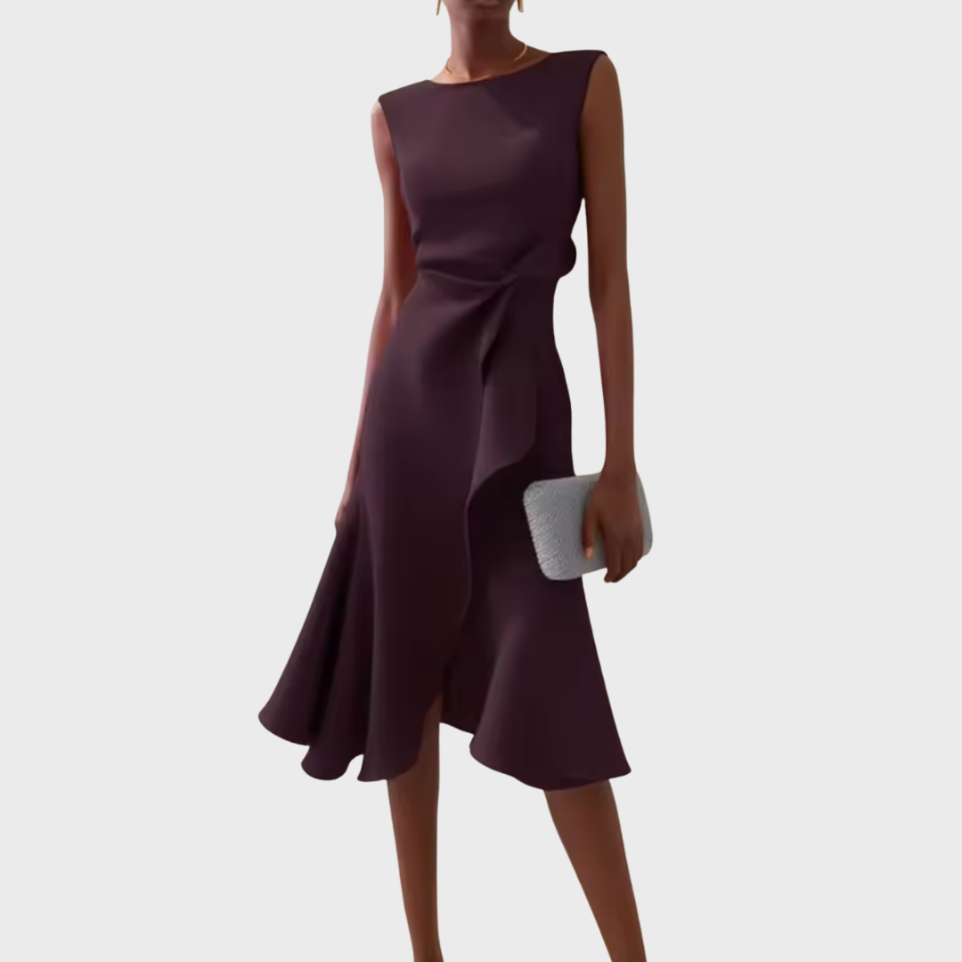 Damen Midikleid trägerlos asymmetrisch Drapierung – elegant für Hochzeitsgast und Abend | Reina