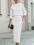 Women's Boat Neck Top and Midi Skirt Set – Three-Quarter Sleeve with Straight Silhouette | Romi