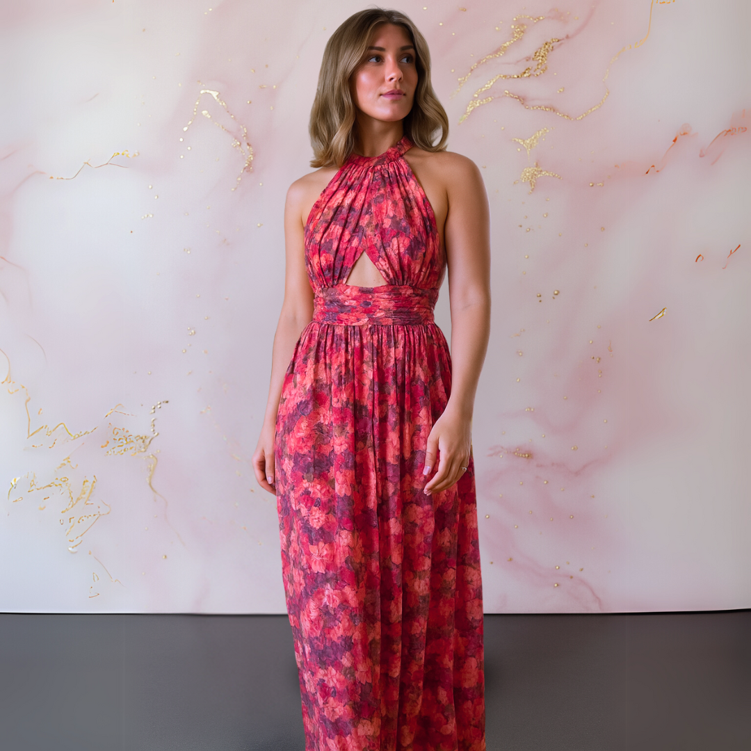 Damen Maxikleid floral rückenfrei fließend – romantischer Sommerlook für Gartenpartys und Urlaub | Calla