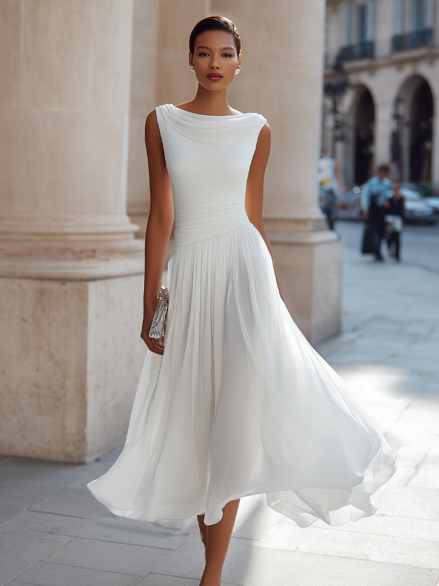 Damen Midikleid ärmellos – Drapierter Ausschnitt und gefältelter Rock | Marcella