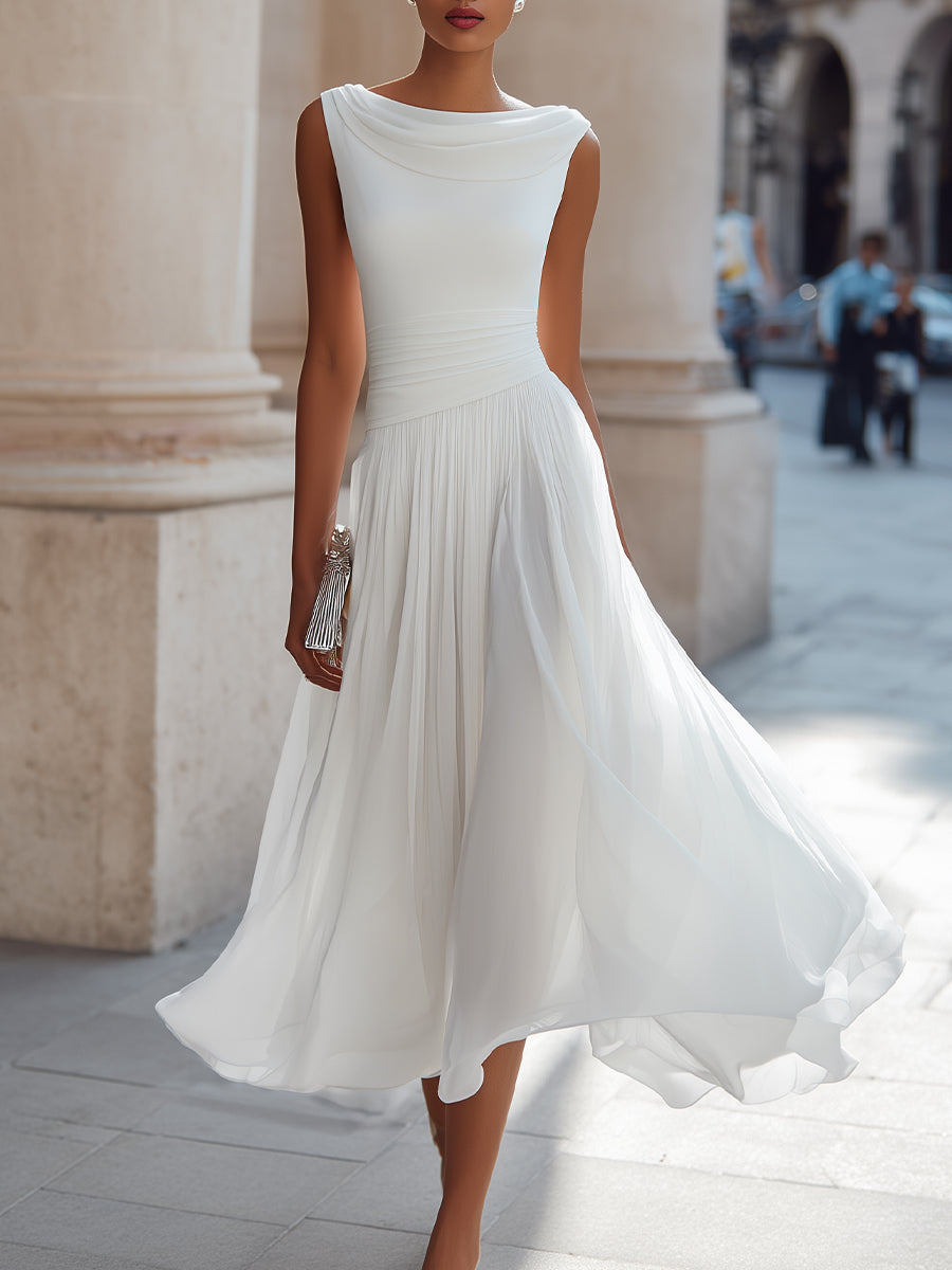 Damen Midikleid ärmellos – Drapierter Ausschnitt und gefältelter Rock | Marcella