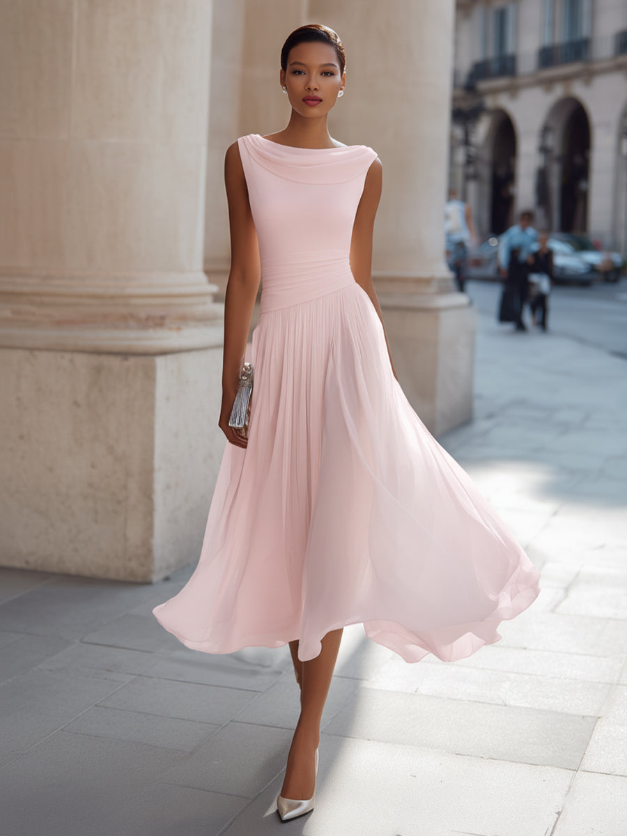 Damen Midikleid ärmellos – Drapierter Ausschnitt und gefältelter Rock | Marcella