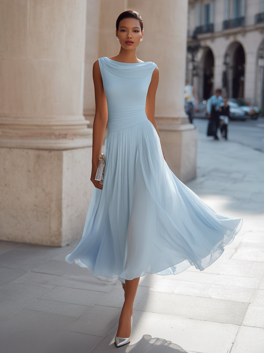 Damen Midikleid ärmellos – Drapierter Ausschnitt und gefältelter Rock | Marcella