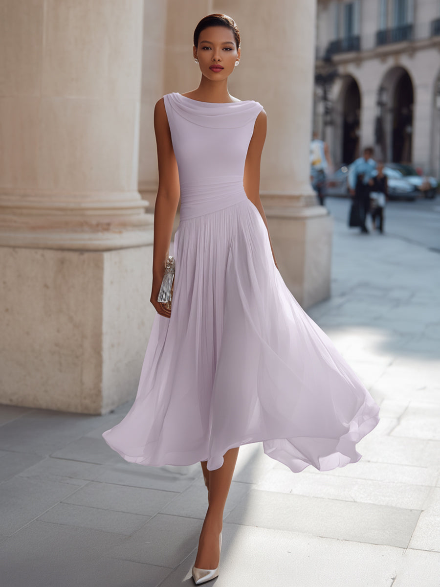 Damen Midikleid ärmellos – Drapierter Ausschnitt und gefältelter Rock | Marcella