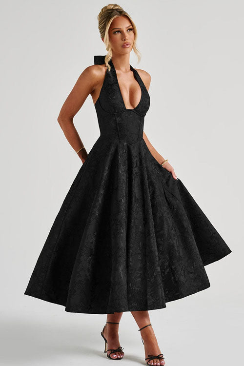 Damen Maxikleid Neckholder V-Ausschnitt ärmellos Jacquard fließend – Hochzeitsgast festlich | Fenja