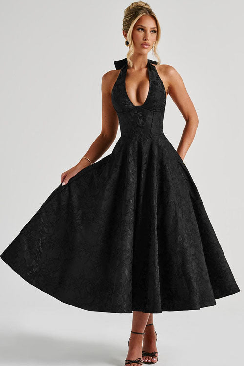 Damen Maxikleid Neckholder V-Ausschnitt ärmellos Jacquard fließend – Hochzeitsgast festlich | Fenja