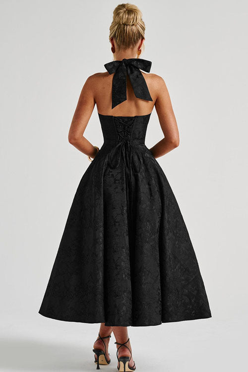 Damen Maxikleid Neckholder V-Ausschnitt ärmellos Jacquard fließend – Hochzeitsgast festlich | Fenja