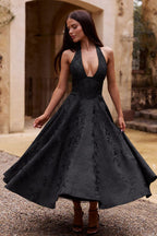 Damen Maxikleid Neckholder V-Ausschnitt ärmellos Jacquard fließend – Hochzeitsgast festlich | Fenja