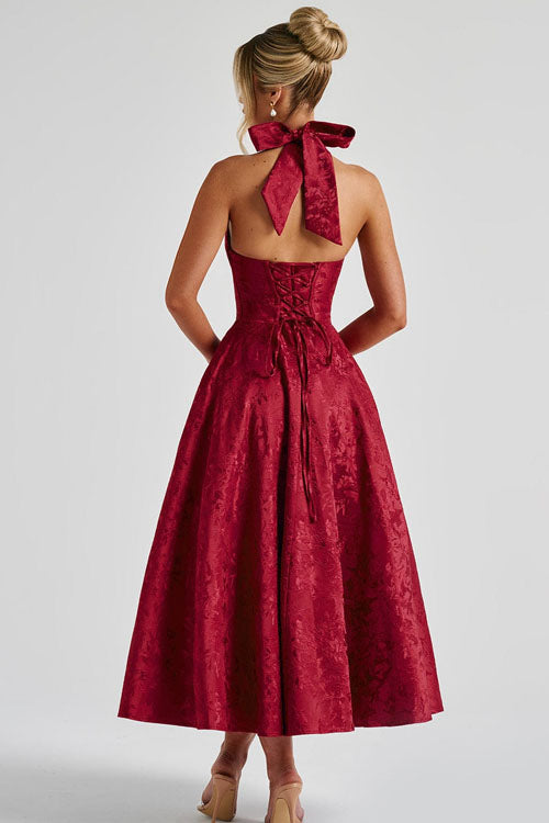 Damen Maxikleid Neckholder V-Ausschnitt ärmellos Jacquard fließend – Hochzeitsgast festlich | Fenja