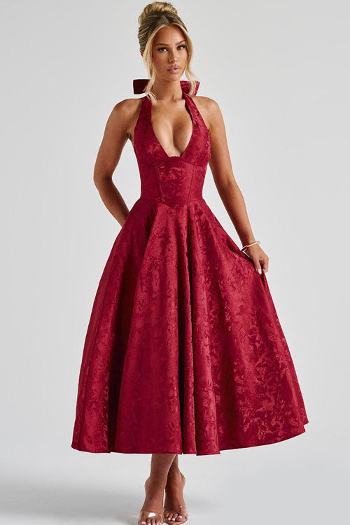 Damen Maxikleid Neckholder V-Ausschnitt ärmellos Jacquard fließend – Hochzeitsgast festlich | Fenja