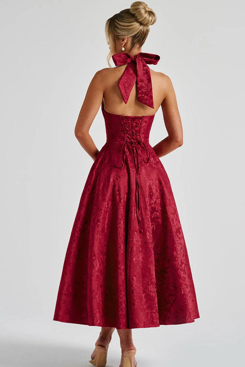 Damen Maxikleid Neckholder V-Ausschnitt ärmellos Jacquard fließend – Hochzeitsgast festlich | Fenja