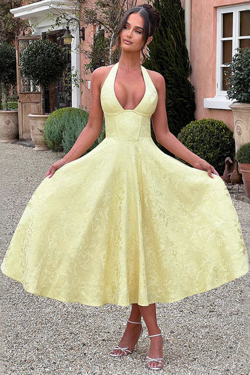 Damen Maxikleid Neckholder V-Ausschnitt ärmellos Jacquard fließend – Hochzeitsgast festlich | Fenja
