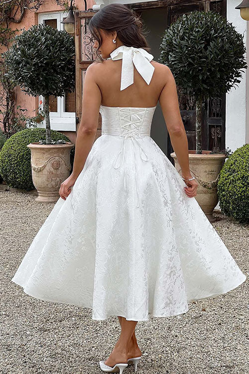 Damen Maxikleid Neckholder V-Ausschnitt ärmellos Jacquard fließend – Hochzeitsgast festlich | Fenja