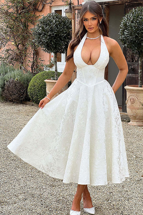 Damen Maxikleid Neckholder V-Ausschnitt ärmellos Jacquard fließend – Hochzeitsgast festlich | Fenja