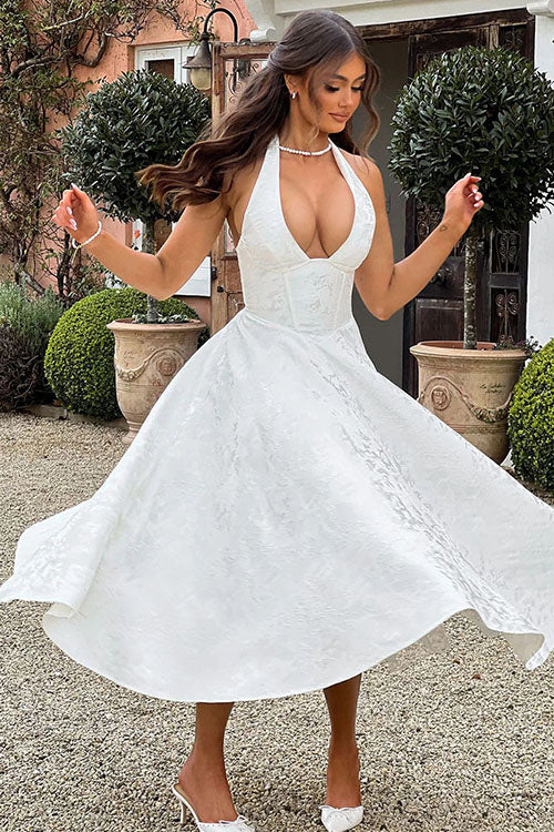 Damen Maxikleid Neckholder V-Ausschnitt ärmellos Jacquard fließend – Hochzeitsgast festlich | Fenja