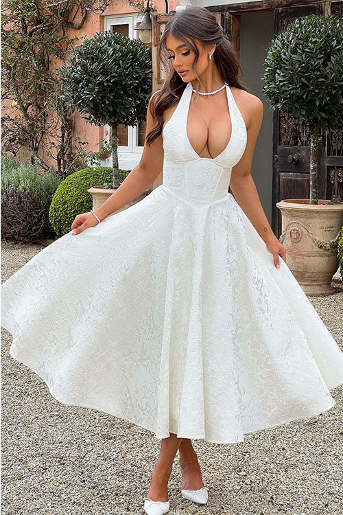 Damen Maxikleid Neckholder V-Ausschnitt ärmellos Jacquard fließend – Hochzeitsgast festlich | Fenja