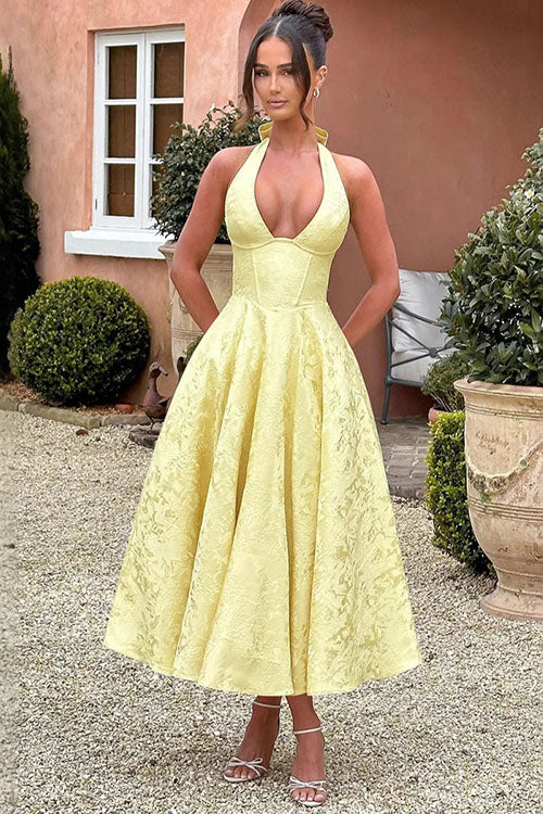 Damen Maxikleid Neckholder V-Ausschnitt ärmellos Jacquard fließend – Hochzeitsgast festlich | Fenja