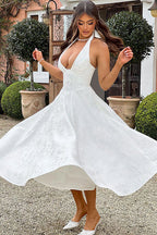 Damen Maxikleid Neckholder V-Ausschnitt ärmellos Jacquard fließend – Hochzeitsgast festlich | Fenja