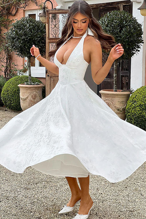 Damen Maxikleid Neckholder V-Ausschnitt ärmellos Jacquard fließend – Hochzeitsgast festlich | Fenja