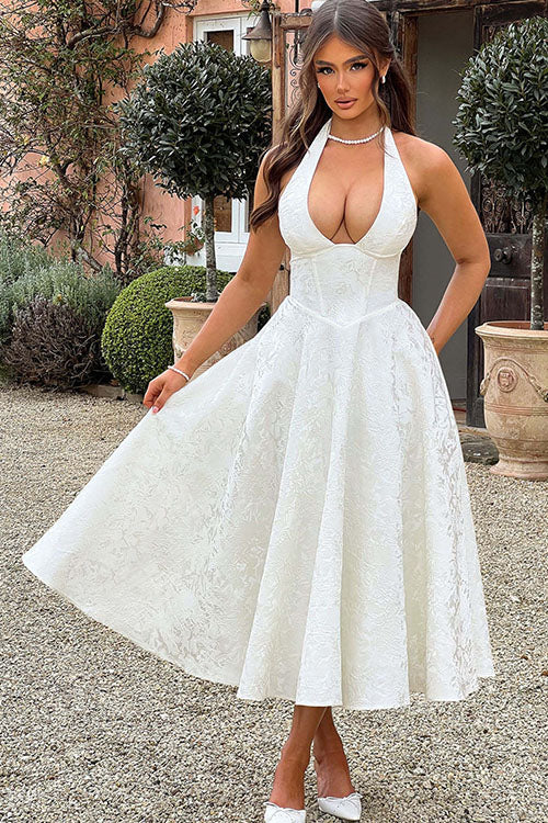 Damen Maxikleid Neckholder V-Ausschnitt ärmellos Jacquard fließend – Hochzeitsgast festlich | Fenja