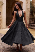 Damen Maxikleid Neckholder V-Ausschnitt ärmellos Jacquard fließend – Hochzeitsgast festlich | Fenja