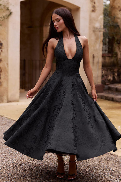 Damen Maxikleid Neckholder V-Ausschnitt ärmellos Jacquard fließend – Hochzeitsgast festlich | Fenja