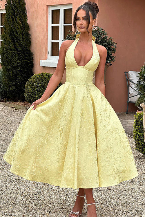 Damen Maxikleid Neckholder V-Ausschnitt ärmellos Jacquard fließend – Hochzeitsgast festlich | Fenja