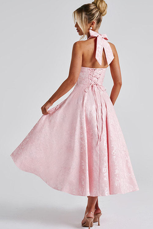 Damen Maxikleid Neckholder V-Ausschnitt ärmellos Jacquard fließend – Hochzeitsgast festlich | Fenja