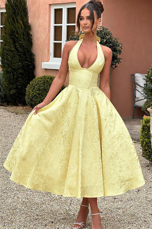 Damen Maxikleid Neckholder V-Ausschnitt ärmellos Jacquard fließend – Hochzeitsgast festlich | Fenja