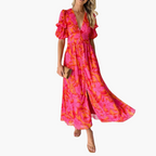 Damen Maxikleid V-Ausschnitt Puffärmel fließend – romantisch für Hochzeit & Gartenparty | Tina