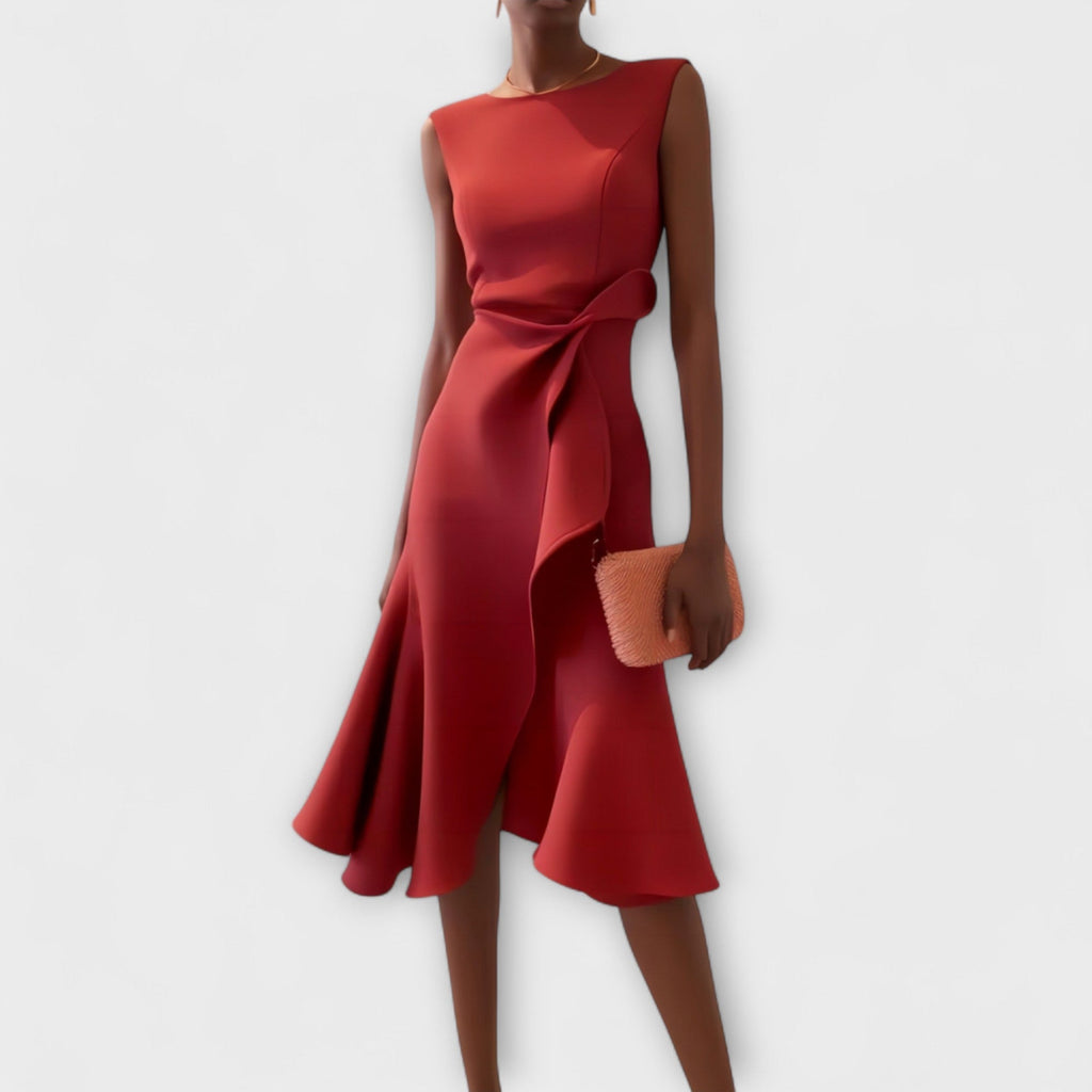 Damen Midikleid trägerlos asymmetrisch Drapierung – elegant für Hochzeitsgast und Abend | Reina