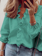 Damen Bluse Langarm V-Ausschnitt mit Rüschen – feminin für Büro & Abend | Lila
