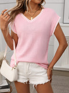Damen T-Shirt Kurzarm V-Ausschnitt Strick mit Kontrastdetails – lässig & vielseitig | Lea