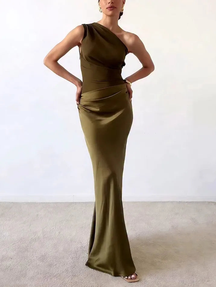Damen Maxikleid One-Shoulder plissiert fließend – Hochzeit & Gala festlich | Kira