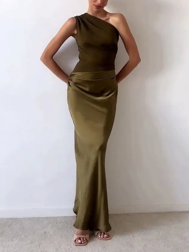 Damen Maxikleid One-Shoulder plissiert fließend – Hochzeit & Gala festlich | Kira