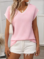 Damen T-Shirt Kurzarm V-Ausschnitt Strick mit Kontrastdetails – lässig & vielseitig | Lea