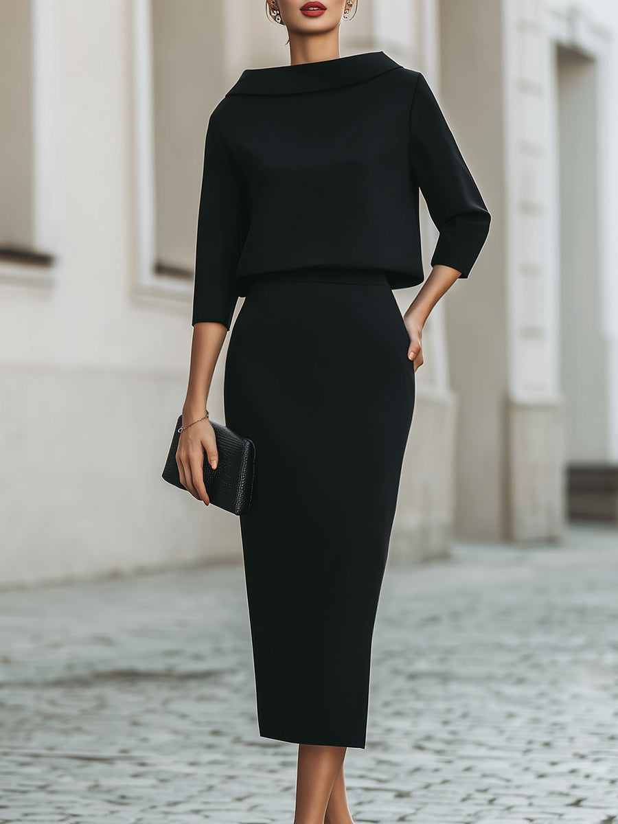Women's Boat Neck Top and Midi Skirt Set – Three-Quarter Sleeve with Straight Silhouette | Romi
